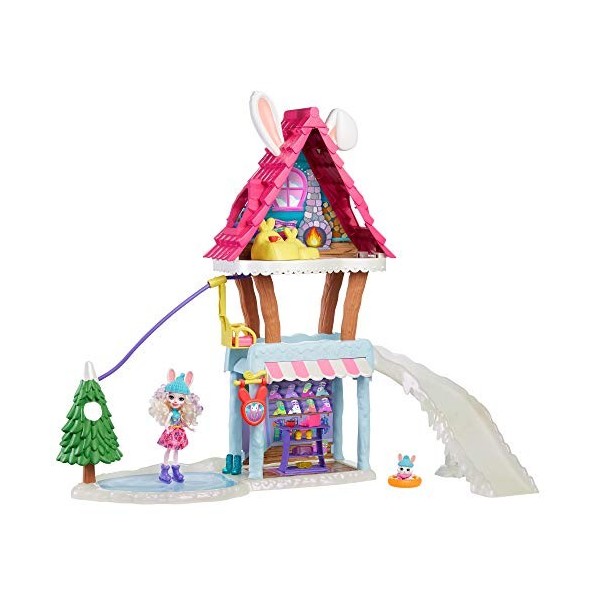 Enchantimals coffret Chalet des Neiges de Bevy Lapin, mini-poupée, figurine animale Jump, 5 espaces de jeu, emballage fermé, 