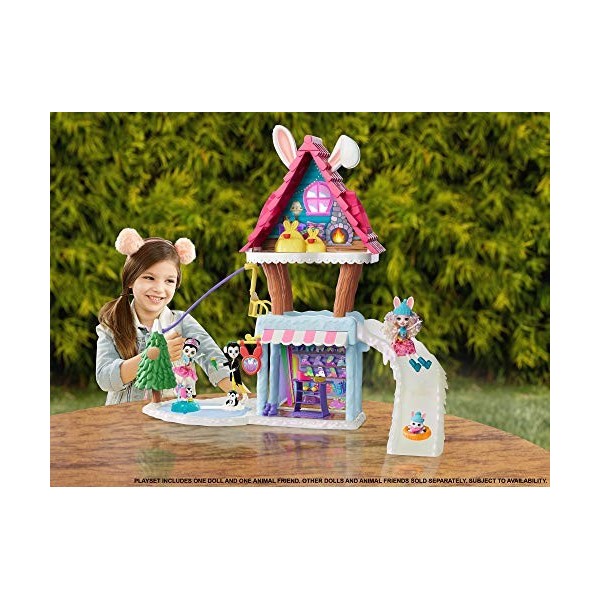 Enchantimals coffret Chalet des Neiges de Bevy Lapin, mini-poupée, figurine animale Jump, 5 espaces de jeu, emballage fermé, 