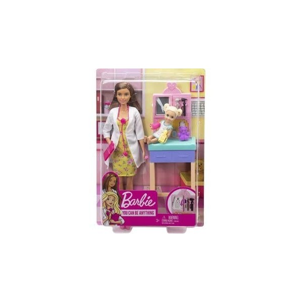 Coffret pour Barbie Poupee Mannequin Brune médecin avec Cabinet + 1 bébé + Accessoires - Set métier Docteur + 1 Carte Animaux