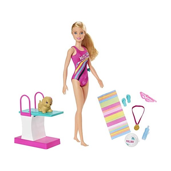 Barbie Dreamhouse Adventures Famille coffret poupée Championne de Natation avec plongeoir et figurine chiot, jouet pour enfan