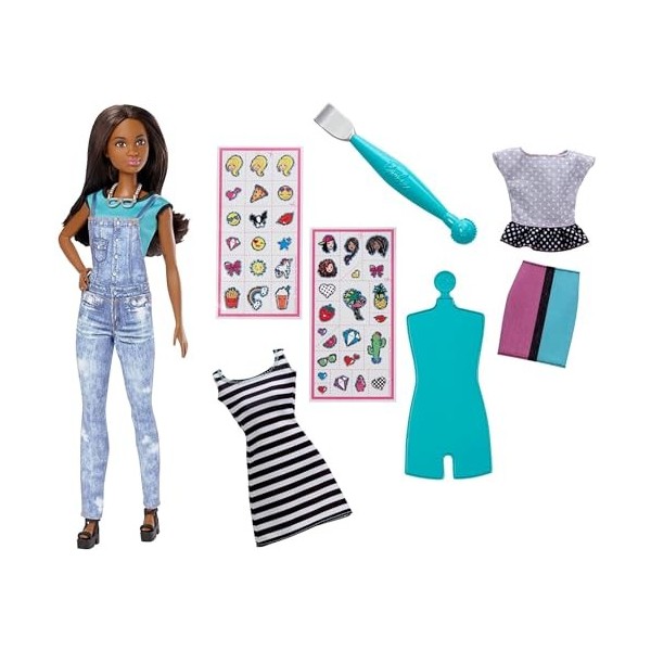 Coffret pour Barbie Brune Emoji Style : Comprend 1 poupée 3 Habits et des décalcos + Accessoires - Set Poupee Mannequin + 1 C