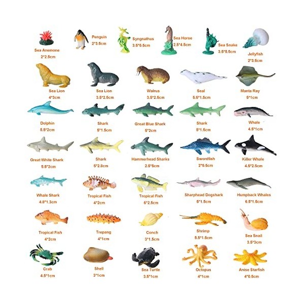 JOKFEICE Lot de 36 Figurines danimaux Marins réalistes en Plastique Comprenant Une Baleine Bleue, Un Dauphin, Une Bosse etc.