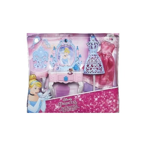 Coffret pour Disney Princesse : Coiffeuse de Cendrillon + 1 Robe Rose de Bal - Set Accessoires poupée Mannequin + 1 Carte Off