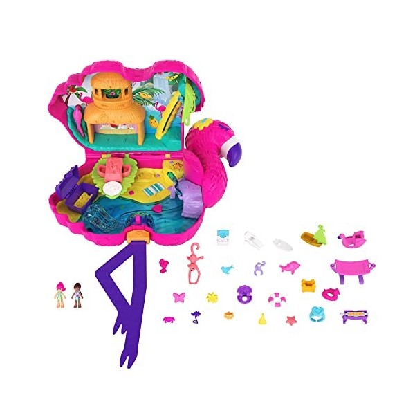 Polly Pocket Coffret Flamant Rose Surprises, plusieurs zones de jeu thème tropiques, 26 surprises dont 2 mini-figurines et ac