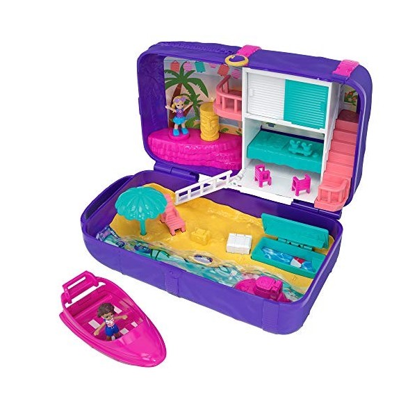 Polly Pocket Coffret Surprise Aventures à la Plage avec 2 mini-figurines et accessoires, autocollants et 5 surprises cachées,