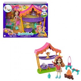 Enchantimals Savane Ensoleillée coffret Bivouac en Savane avec mini-poupée Griselda Girafe, 2 figurines animales et accessoir