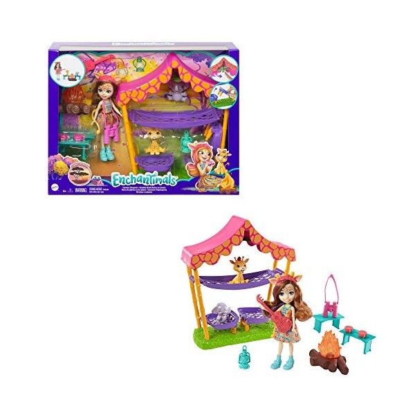 Enchantimals Savane Ensoleillée coffret Bivouac en Savane avec mini-poupée Griselda Girafe, 2 figurines animales et accessoir