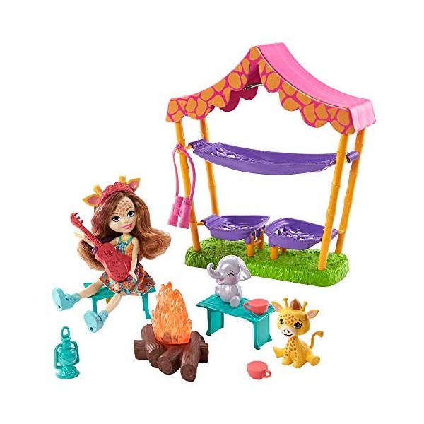 Enchantimals Savane Ensoleillée coffret Bivouac en Savane avec mini-poupée Griselda Girafe, 2 figurines animales et accessoir