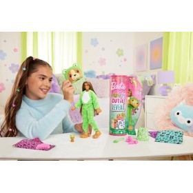 Barbie Coffret Cutie Reveal Avec Poupée Articulée Châtain Avec Mèches Roses, Chiot Déguisé En Grenouille, 10 Surprises Et Acc