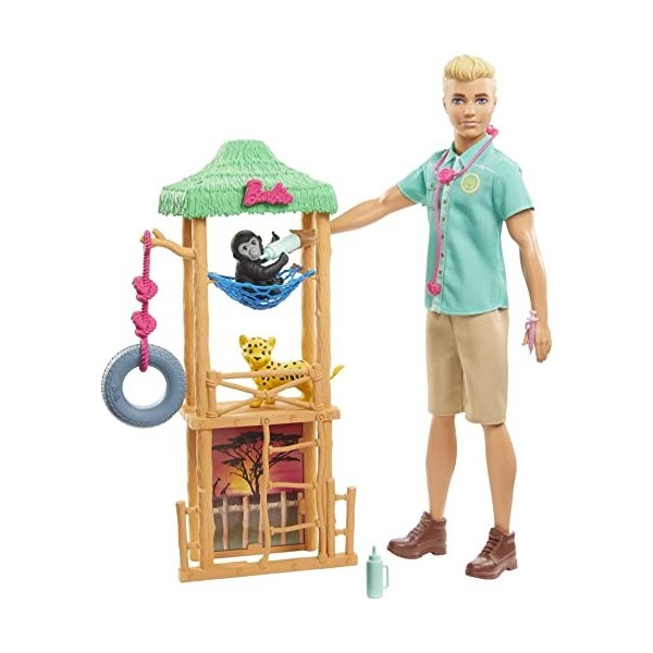 Barbie Métiers coffret poupée Ken Vétérinaire pour animaux sauvages, 2 figurines bébé guépard, petit singe et accessoires, jo