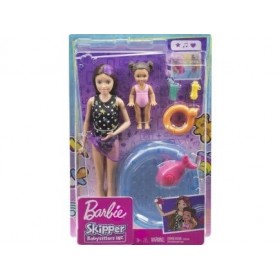 Coffret 2 poupée : Skipper + Fille + Piscine + 5 Accessoires - Set Babysitter pour Barbie + 1 Carte Animaux