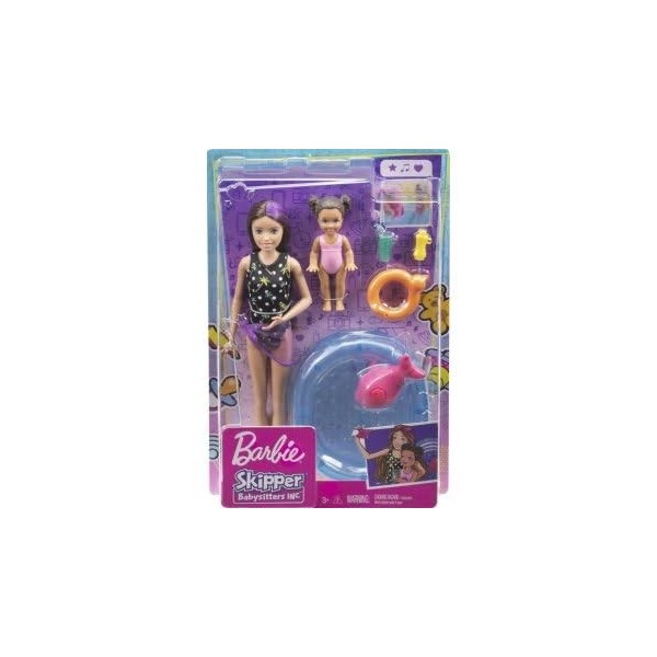 Coffret 2 poupée : Skipper + Fille + Piscine + 5 Accessoires - Set Babysitter pour Barbie + 1 Carte Animaux