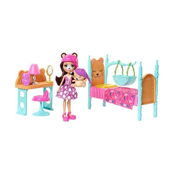 Enchantimals Coffret La Chambre de lOurs, Mini-poupée Bren Ours et Figurine Animale Snore avec lit et accessoires, jouet enf