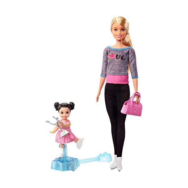 Barbie Métiers coffret coach de Patinage Artistique, poupée blonde et son élève, avec patins et accessoires, jouet pour enfan