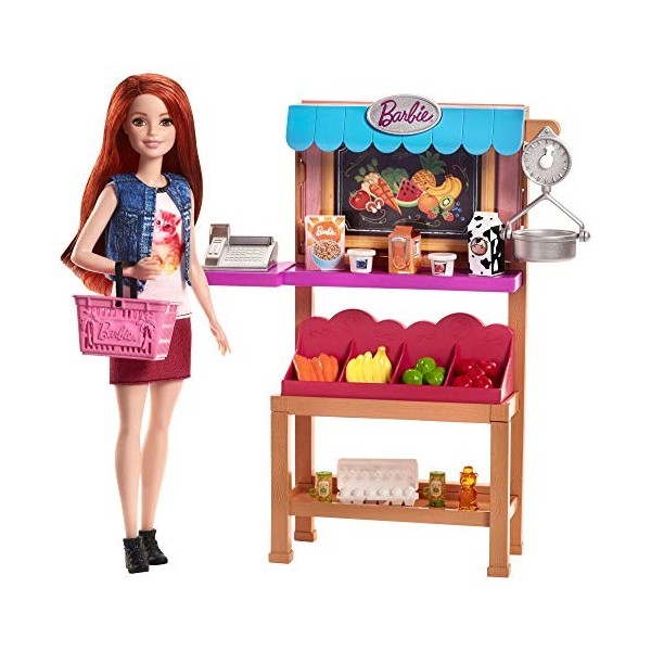 Barbie Métiers Stand de Fruits et Légumes pour poupée avec caisse enregistreuse, étalage de fruits, balance, et accessoires, 