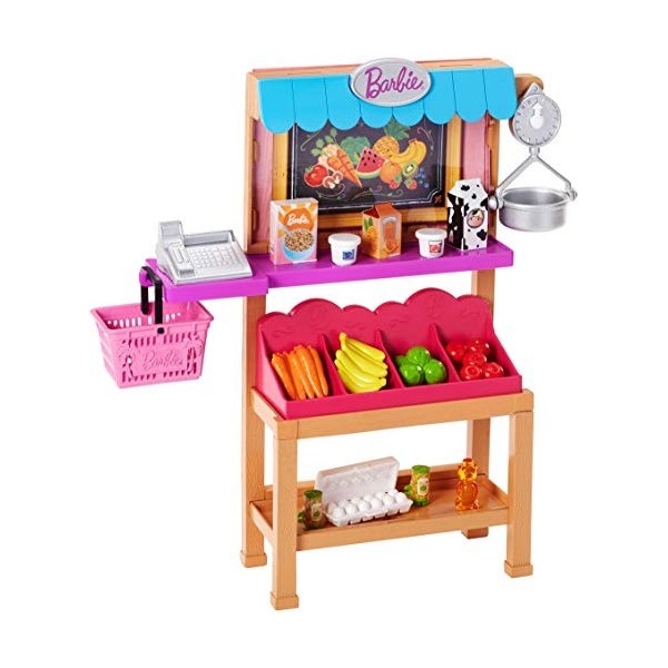 Barbie Métiers Stand de Fruits et Légumes pour poupée avec caisse enregistreuse, étalage de fruits, balance, et accessoires, 