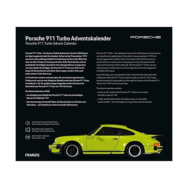 FRANZIS 55109 - Porsche 911 Turbo Calendrier de lAvent vert clair, kit de modèle réduit en métal à léchelle 1:43, module so