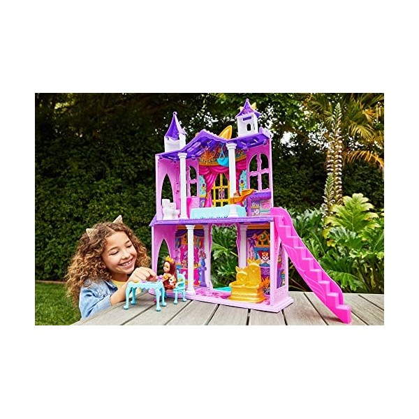 Enchantimals Royals Coffret Château avec mini-poupée Felicity Renard, figurine animale Flick, 5 espaces de jeu et 19 accessoi