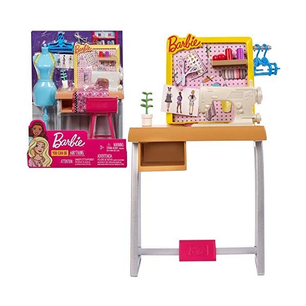 Barbie Métiers Coffret atelier de mode avec table de couture, mannequin et accessoires pour poupée, jouet pour enfant, FXP10