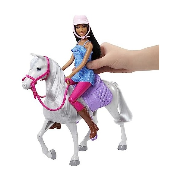 Barbie - Coffret avec Poupée Brune 30 cm et Cheval - Rênes Roses, Selle et Bride, Casque Rose et Bottes - Cadeau dès 3 Ans,