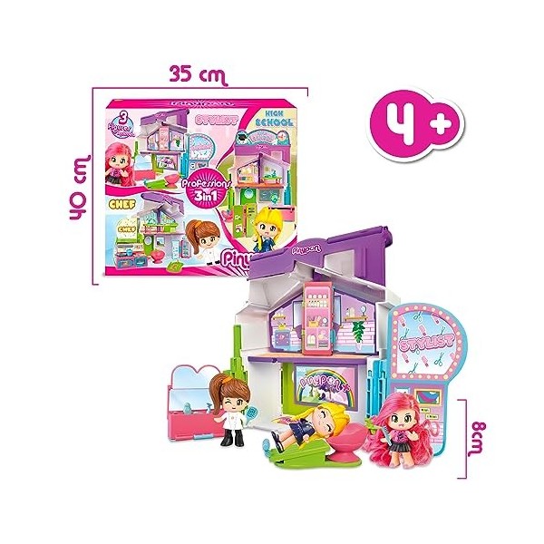 Pinypon - Professions 3 en 1 | Jouet Transformable, 3 scénarios en 1, école, Coiffeur ou Cuisine, Comprend 3 Figurines, Conti