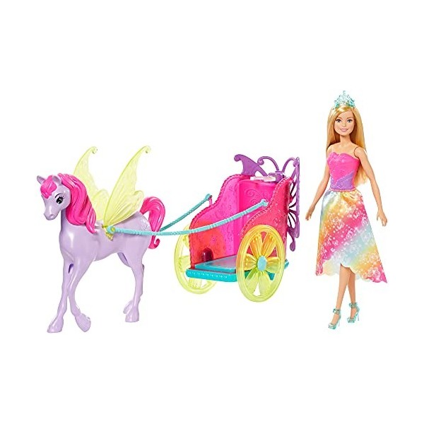 Barbie Dreamtopia Coffret poupée princesse blonde et sa calèche 2-en-1 tirée par un pégase, jouet pour enfant, GJK53