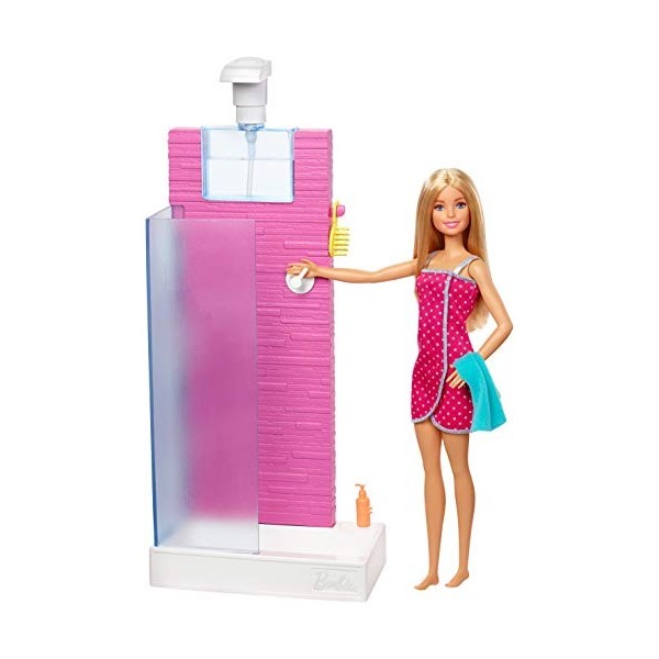 Barbie Mobilier coffret dintérieur poupée et cabine de douche Fonctionnelle avec 3 accessoires de bain, jouet pour enfant, F