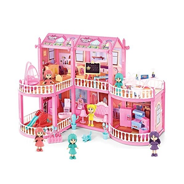 deAO Maison De Poupée Dream House Princess Castle Playset pour Enfants, Château De Poupée À 2 Étages avec 6 Figurines De Poup