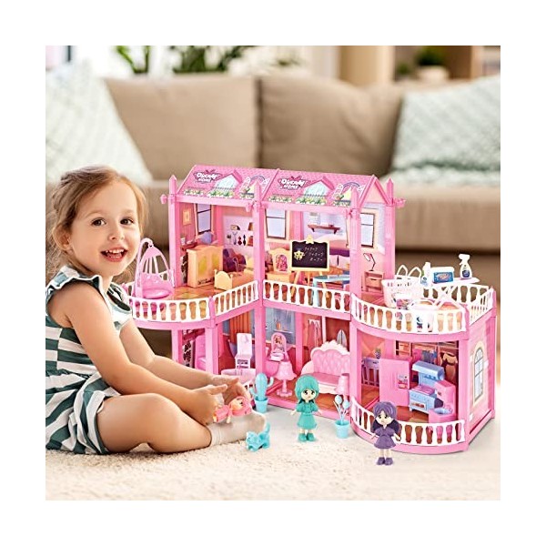 deAO Maison De Poupée Dream House Princess Castle Playset pour Enfants, Château De Poupée À 2 Étages avec 6 Figurines De Poup