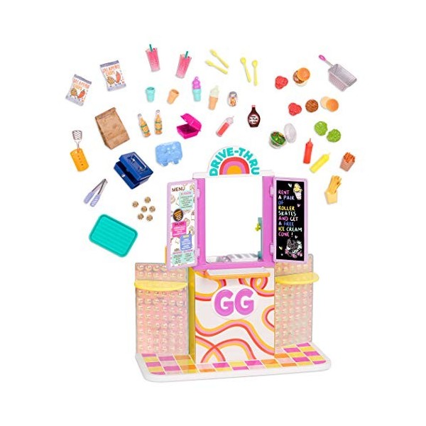 Glitter Girls Restaurant Take-Out Set – 48pcs Deluxe Play Food Diner – Fry Basket, Coins, Hamburgers, and More – 14-inch Doll