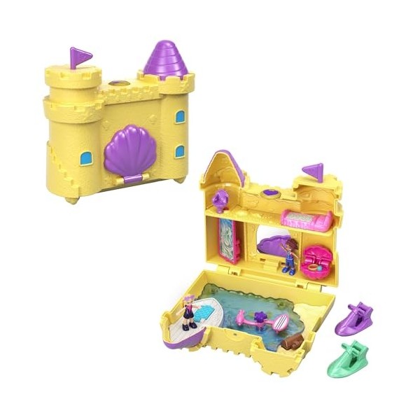 Polly Pocket Coffret Univers Le Château de Sable avec 2 mini-figurines et accessoires, autocollants et 5 surprises cachées, j