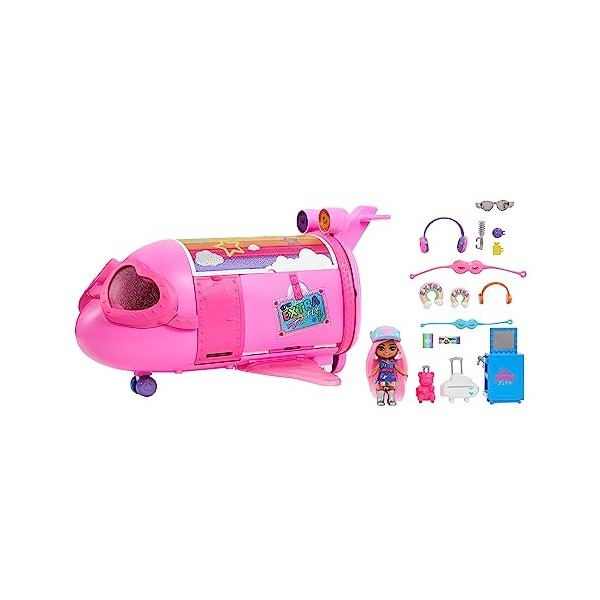 Barbie Coffret Jet De Voyage Extra De Luxe Rose Vif Avec 1 Poupée Minis Mini Barbie Et 15 Accessoires De Voyage Et Mode, Joue