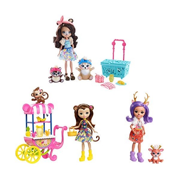 Enchantimals Coffret Pique-Nique au Parc, Mini-poupées Danessa Biche, Merit Singe, Bren Ours et Figurines Animales avec acces