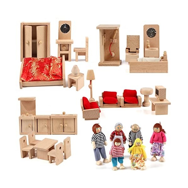 KABENFIS 5 Set Dollhouse Meubles Accessoires avec Une Famille de 6 poupées Décoration Faire Semblant de Jouer Jouets pour Fil