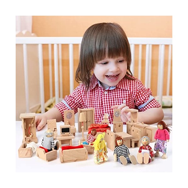 KABENFIS 5 Set Dollhouse Meubles Accessoires avec Une Famille de 6 poupées Décoration Faire Semblant de Jouer Jouets pour Fil