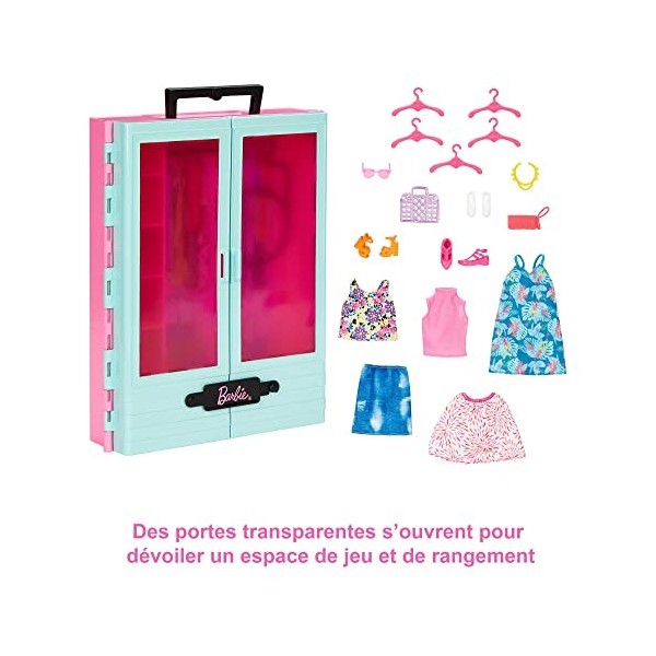 Barbie Coffret Le Dressing de Barbie avec 3 tenues, 3 paires de chaussures, 2 sacs à main, collier et lunettes de soleil, 5 c