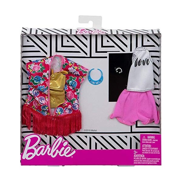 Barbie Fashionistas Kit Vêtements, 2 Tenues dété pour Poupée dont Maillot de Bain Doré Effet Métallisé et Accesssoires, Joue