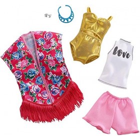 Barbie Fashionistas Kit Vêtements, 2 Tenues dété pour Poupée dont Maillot de Bain Doré Effet Métallisé et Accesssoires, Joue