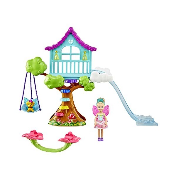 Barbie Dreamtopia Coffret Cabane dans l’Arbre Enchantée avec Mini-poupée Chelsea Fée, Figurine Chiot et Accessoires, Jouet po