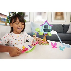 Barbie Dreamtopia Coffret Cabane dans l’Arbre Enchantée avec Mini-poupée Chelsea Fée, Figurine Chiot et Accessoires, Jouet po