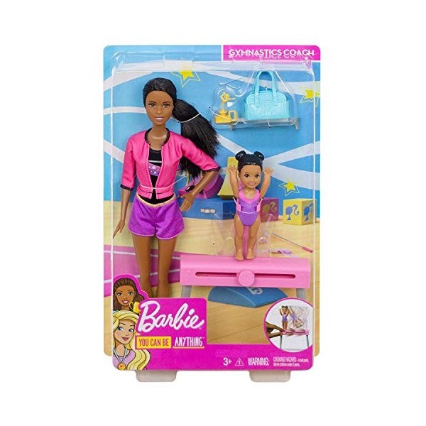 Barbie Métiers coffret coach de Gymnastique, poupée brune et son élève, avec poutre et accessoires, jouet pour enfant, FXP40