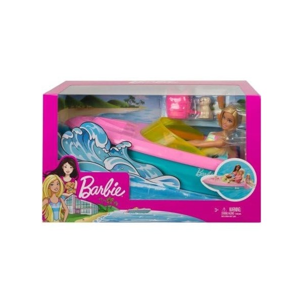 Coffret Hors Bord pour Barbie - Bateau + poupée Mannequin + Chien avec 3 Accessoires - Set Vacances + Carte Tigre