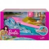 Coffret Hors Bord pour Barbie - Bateau + poupée Mannequin + Chien avec 3 Accessoires - Set Vacances + Carte Tigre