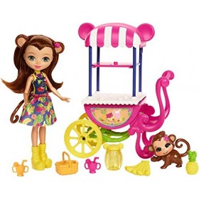 Enchantimals Coffret Stand de Fruits, Mini-poupée Merit Singe et Figurine Animale Compass avec véhicule et accessoires, jouet