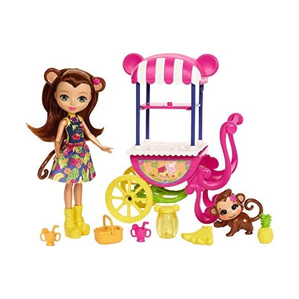 Enchantimals Coffret Stand de Fruits, Mini-poupée Merit Singe et Figurine Animale Compass avec véhicule et accessoires, jouet