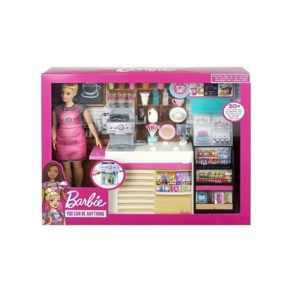 Coffret pour Barbie la cafétéria + 20 Accessoires + 1 poupée - poupée Mannequin - métier Restaurant - Set vendeuse de café + 