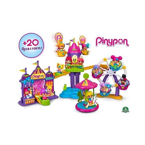 Pinypon - Parc damusement avec 5 attrations, grande roue, navette, ballons rotatifs, montagnes russes, carrousel, figurine i