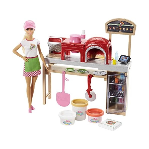 Barbie Métiers poupée pizzaïola avec kit pizzeria comprenant four, accessoires pour repas et trois pots de pâte à modeler, jo