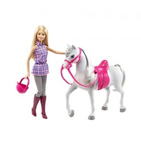 Barbie Famille poupée aux genoux articulés et son Cheval blanc avec crinière et queue grise, jouet pour enfant, DHB68