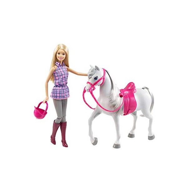 Barbie Famille poupée aux genoux articulés et son Cheval blanc avec crinière et queue grise, jouet pour enfant, DHB68